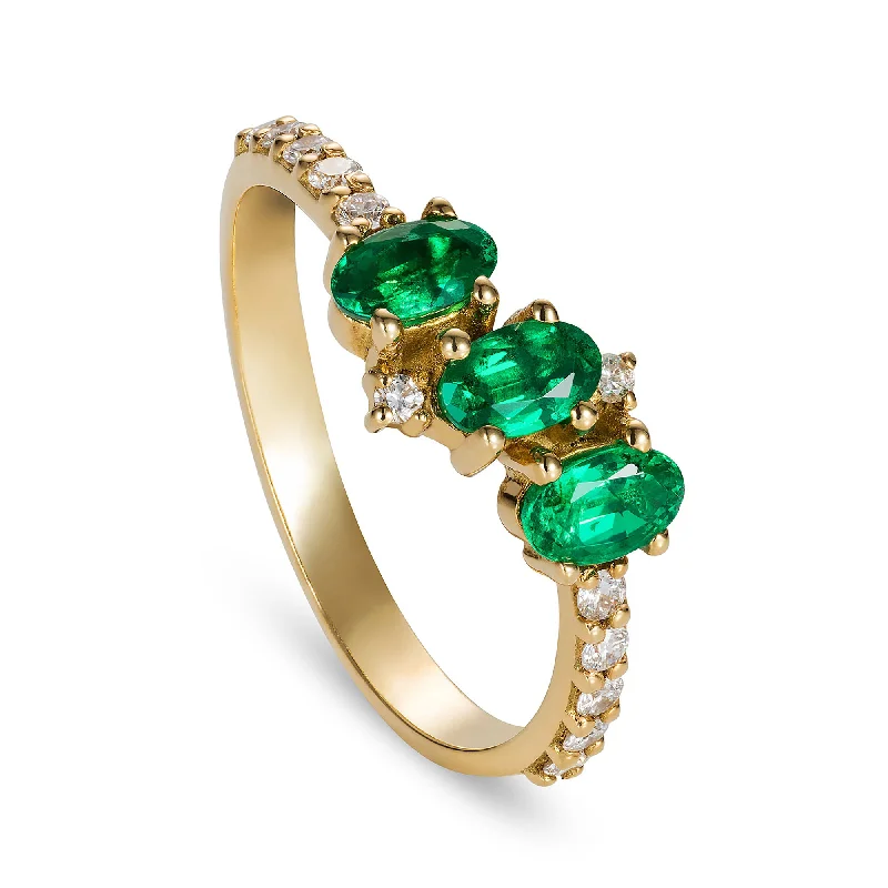 Cushion Cut Sapphire Ring-Seraphina Trio 18K Gold Ring w. Emeralds & Diamonds