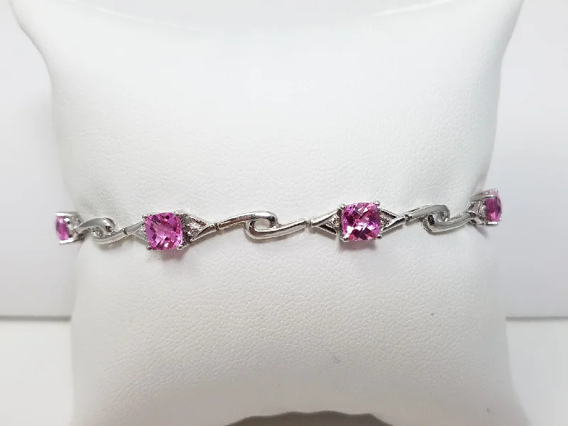 Gold Cuff Bangle-7" 3.50ctw Synthetic Pink Sapphire 14k White Gold Bracelet