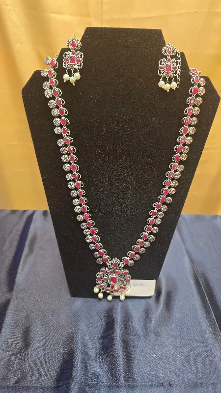 Bold Crystal Necklace-Ravishing Pink Colored Long Pearl Drop Set For Women