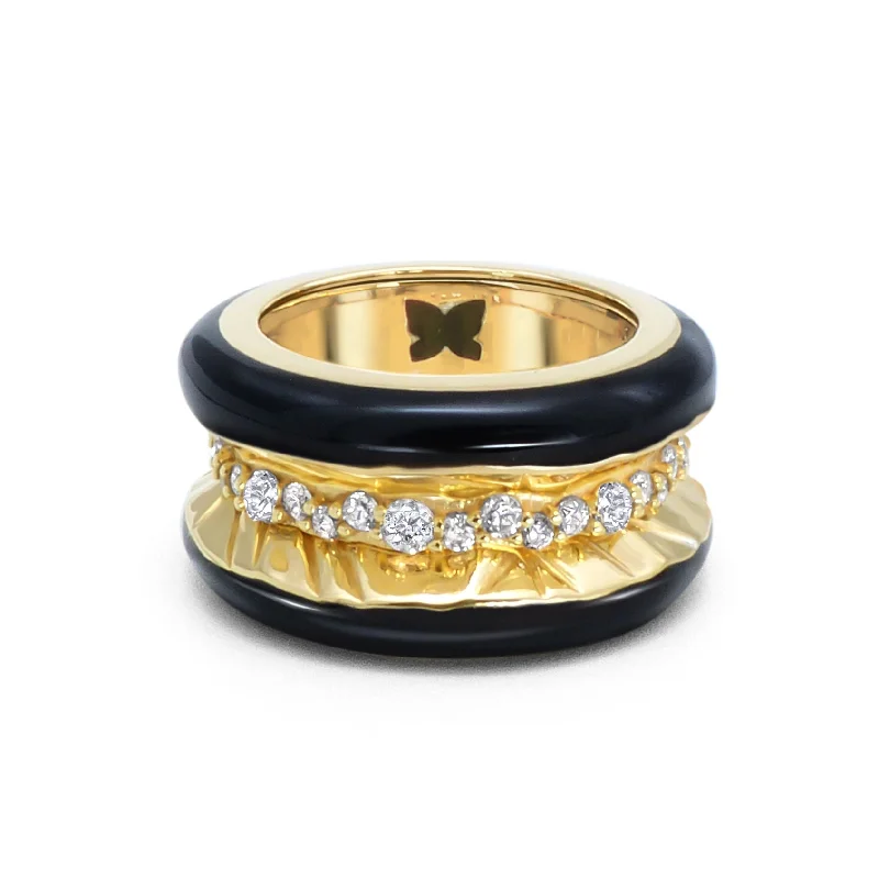 Handmade Engagement Ring-Antarctica Ice 18K Gold Ring w. Lab-Grown Diamonds & Jet Black Enamel