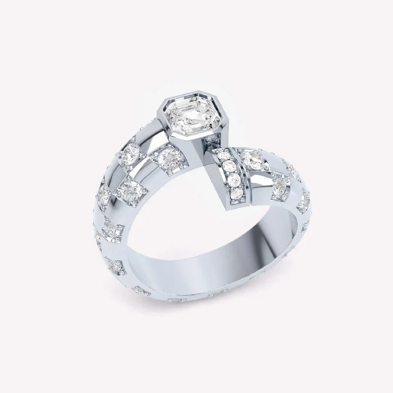 Classic Gold Wedding Ring-Toi et Moi Checkerboard Asscher 18K Whitegold Ring w. Lab-Grown Diamonds