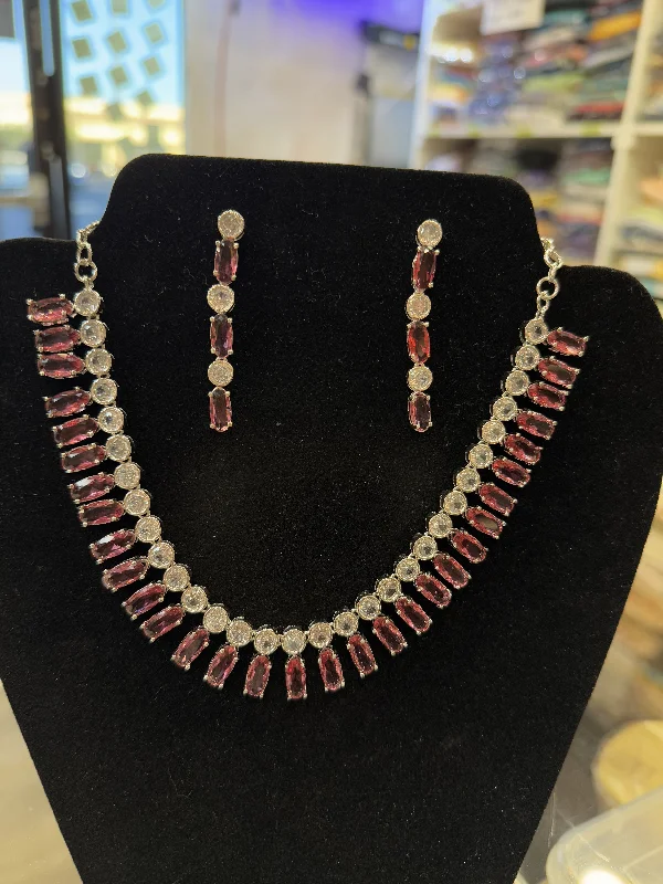 Silver Choker Necklace-Attractive American Diamond Pink Stone Necklace With Earrings Set