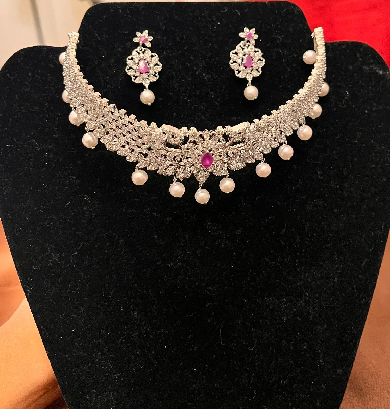 Elegant Necklace with Gemstones-Gorgeous Pink Stoned American Diamond Necklace With Earring Set For Women