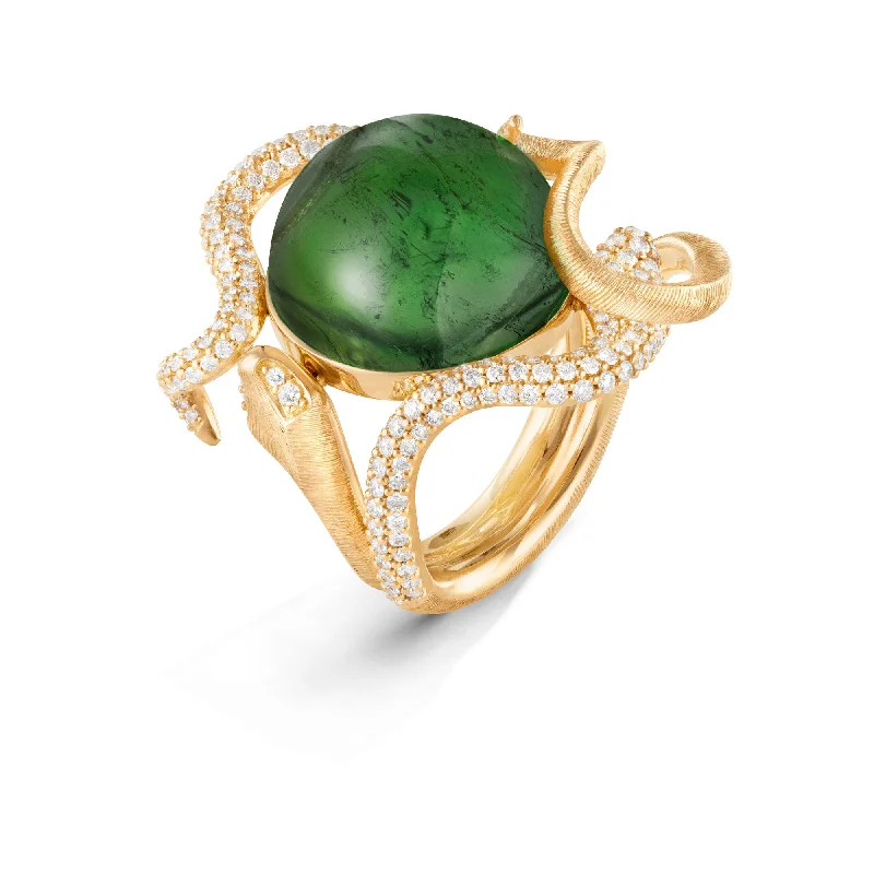 Silver Cocktail Ring-Snakes Pavé 18K Gold Ring w. Tourmaline & Diamonds