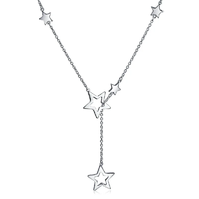 Nature Inspired Necklace-Astrology Celestial Drop Necklace with Stars Sterling Silver Lariat Design