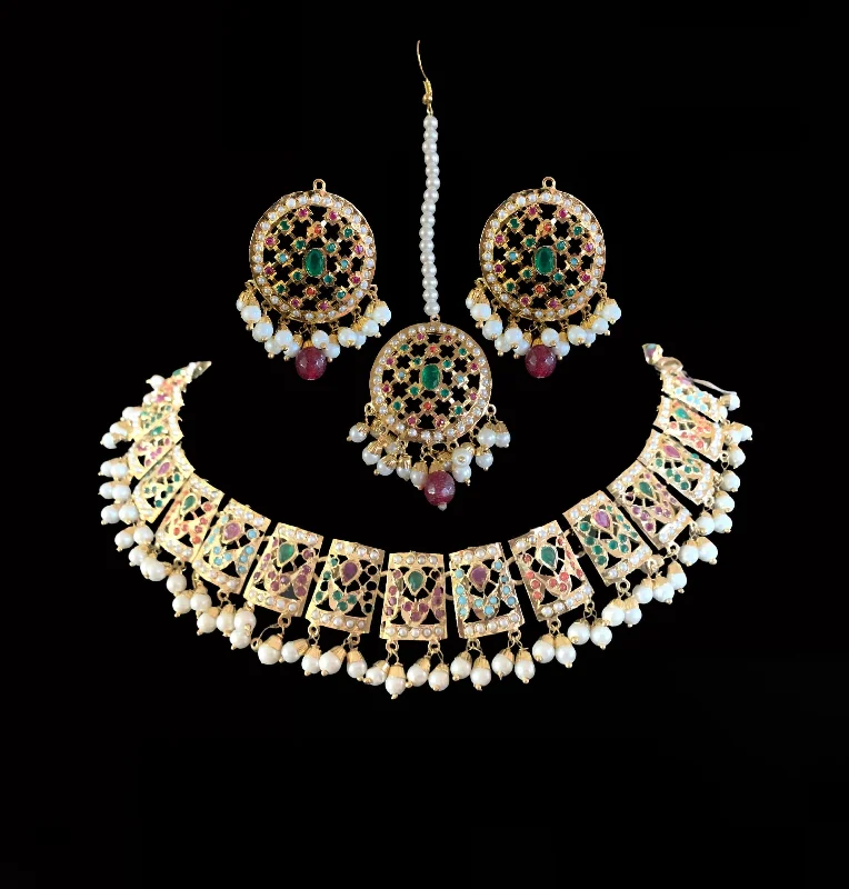 Classic Gold Necklace for Women-NS185 Payal jadau necklace with earrings tika in Navratan ( READY TO SHIP)