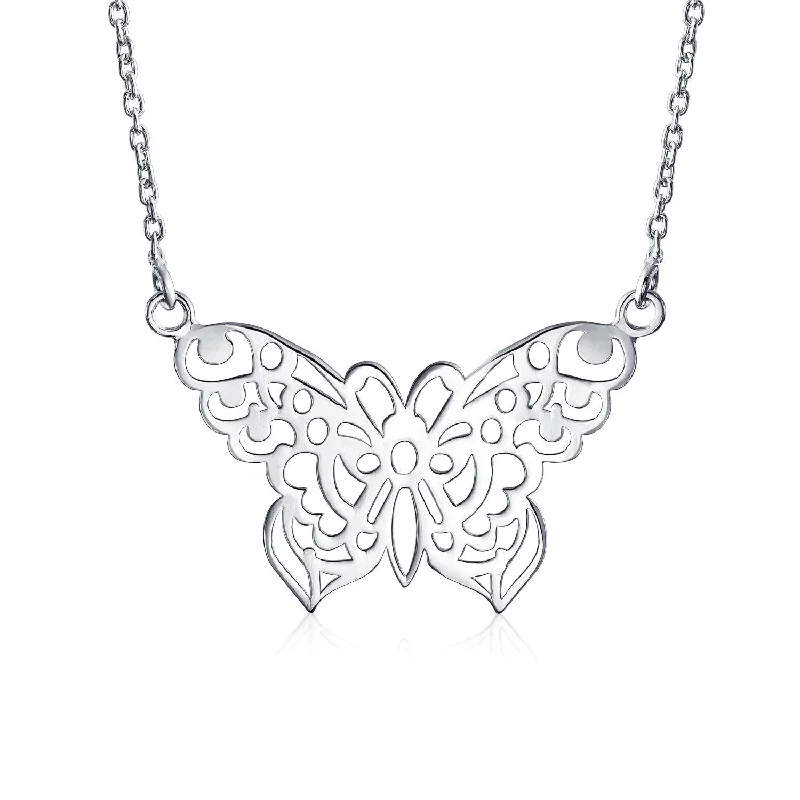 Women’s Elegant Necklace-Large Butterfly Filigree Pendant Necklace Sterling Silver 16 Inches Statement Piece