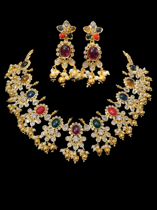 Gold Link Necklace-NS30 Navratan cz necklace set ( READY TO SHIP )