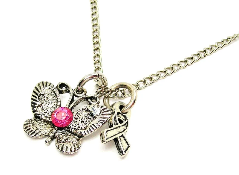 Artistic Statement Necklace-Crystal Butterfly With Awareness Ribbon Necklace