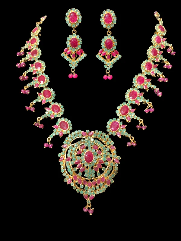 Vintage Beaded Necklace-NS45, Neelam real ruby emerald gold plated necklace set ( READY TO SHIP)