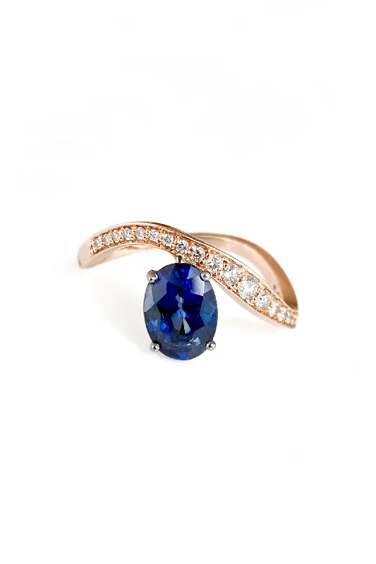 Classic Gold Wedding Ring-Blue Wave 18K Gold Ring w. Diamonds & Sapphire