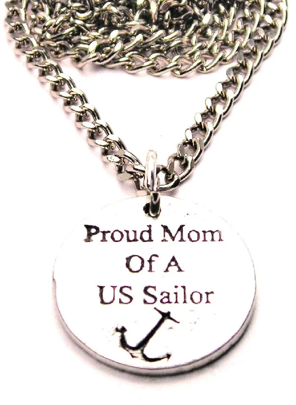 Handmade Silver Necklace-Proud Mom Of A Us Sailor Single Charm Necklace