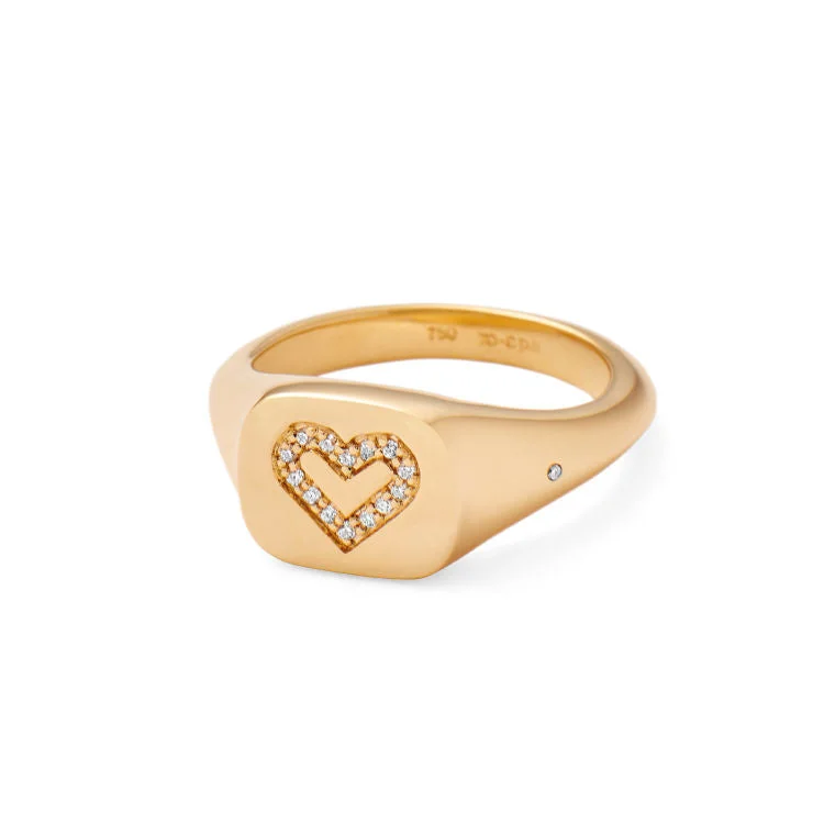 Personalized Couples Ring-Rock Heart Signet Solid 18K Gold Ring w. Diamonds