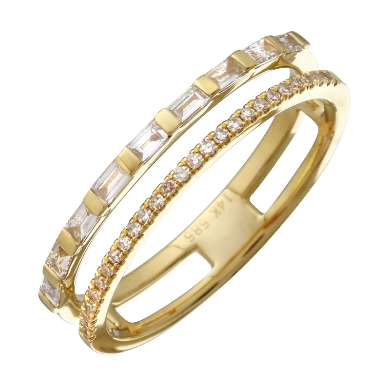 Simple Gold Wedding Ring-Aligned 2-Row Diamond and Baguette Stacking Bands