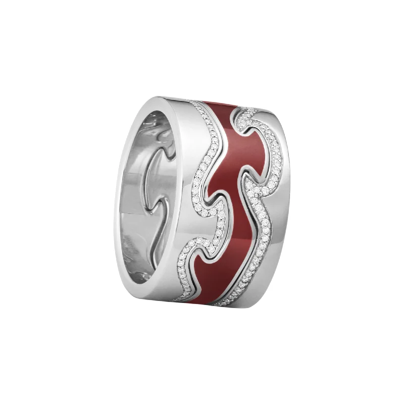 Custom Birthstone Ring for Mom-Fusion 18K White Gold Ring w. Red HyCeram & Diamonds