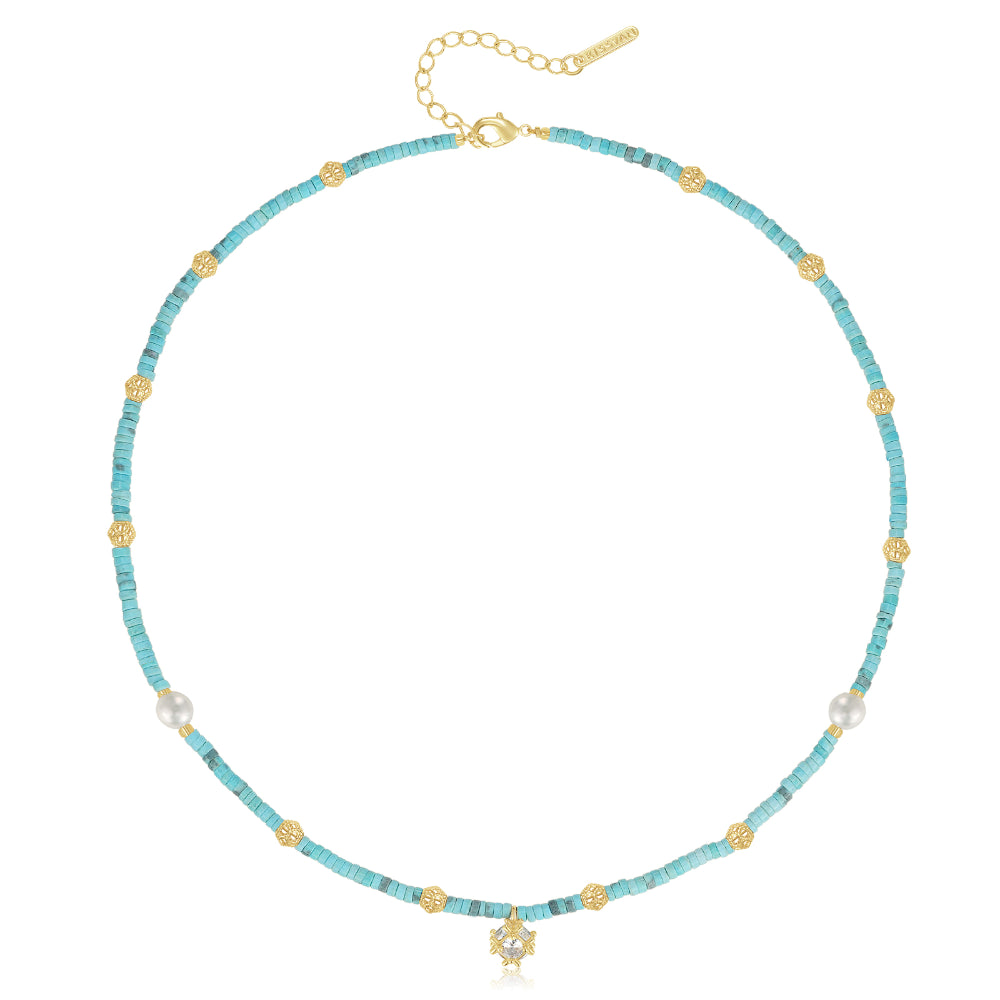 Luxury Wedding Necklace-Turquoise Natural Stone Colorful Boho Seed Bead Necklace with CZ