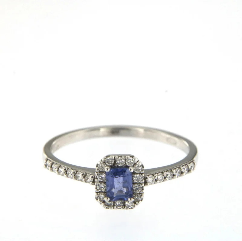 Dainty Engagement Ring-Candy 18K White Gold Ring w. Diamonds & Blue Sapphire