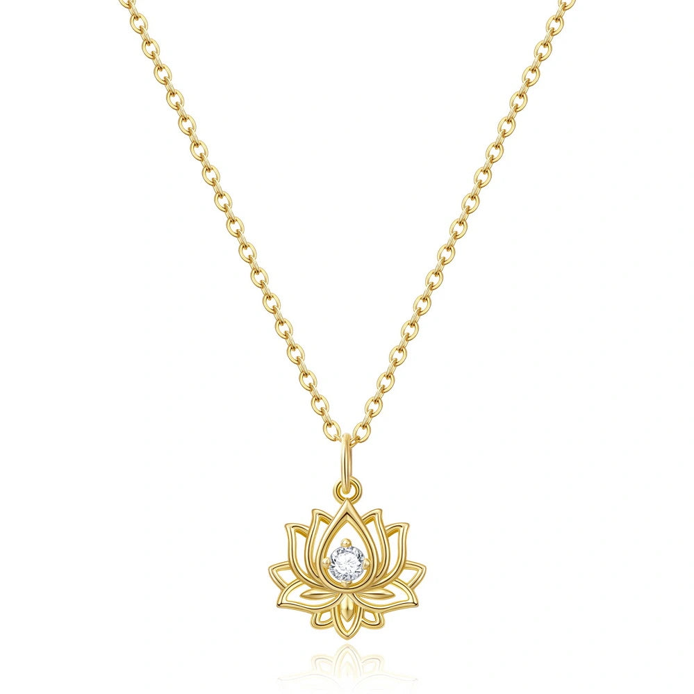 Vintage Silver Necklace-14K Gold Plated Yoga Floral Pendant Necklace with Message Card- Single Diamond Lotus