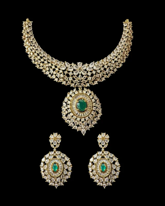 Designer Necklace for Women-DNS170 Cz necklace set with earrings - Emerald green centre stone    (READY TO SHIP)