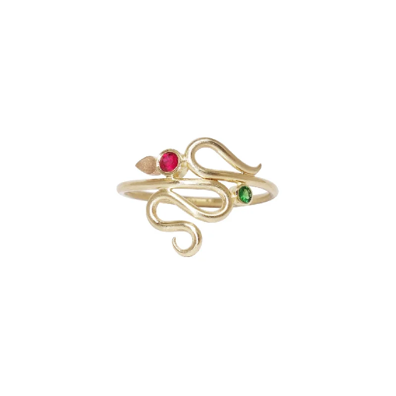 Modern Solitaire Ring-14K Gold Ring w. Ruby & Tsavorite