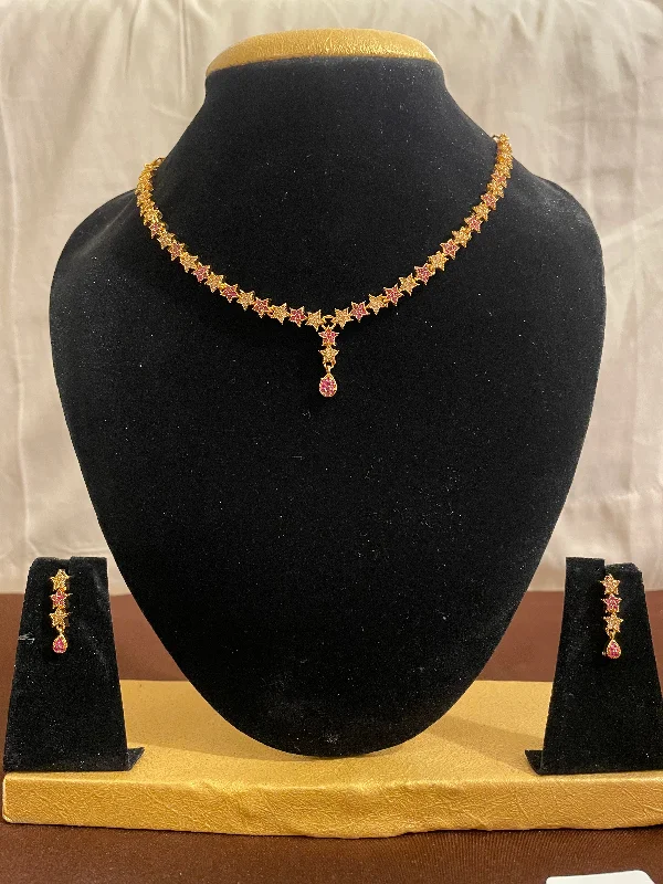 Simple Silver Pendant Necklace-Stunning Gold Plated Pink Stones Studded Necklace With Earrings Set