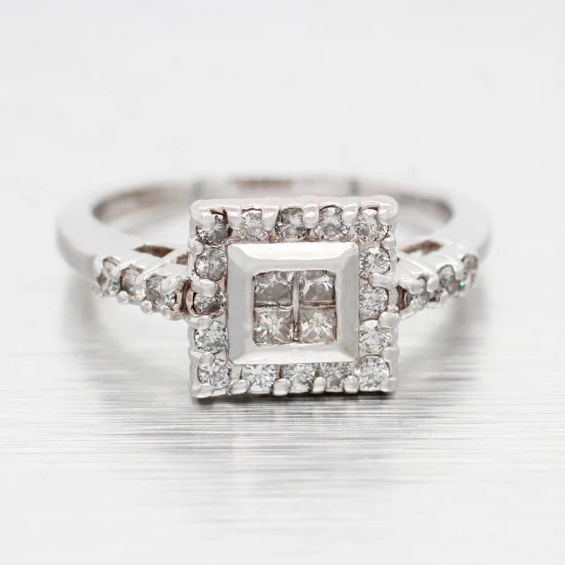 Custom Diamond Ring-Vintage 0.35ctw Diamond Cocktail Ring - 14k White Gold Square Halo Setting