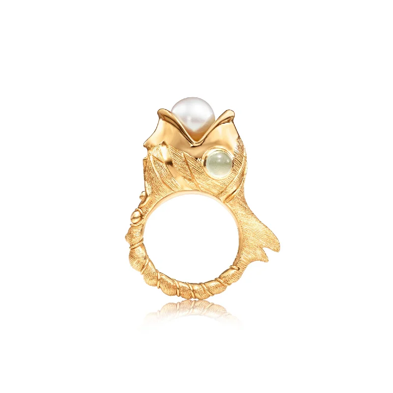 Birthstone Ring for Women-Young Fish 18K Gold Ring w. Aquamarine, Pearl & Diamonds