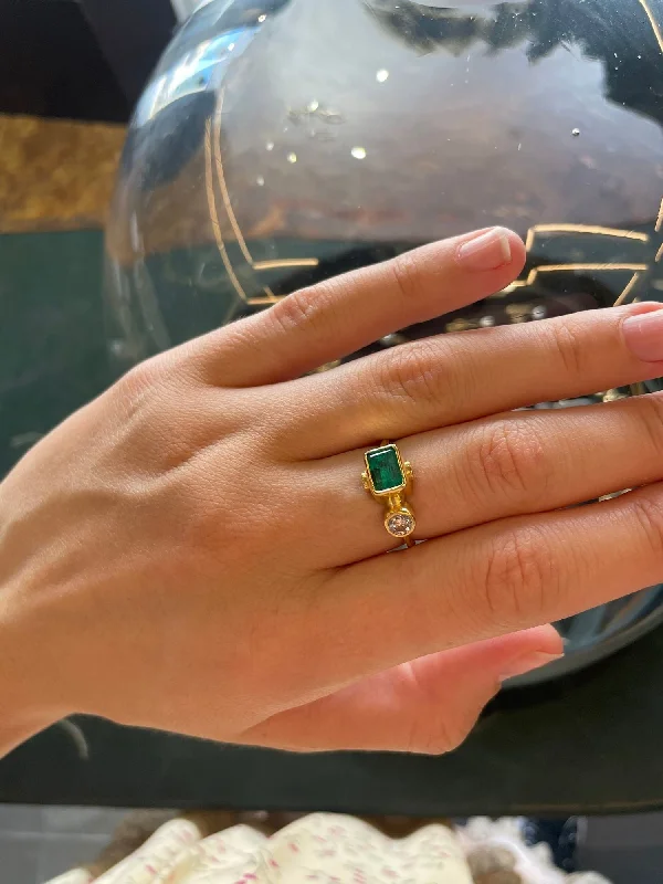 Wedding Band with Emeralds-Cocktail 18K & 22K Gold Ring w. Emerald & Diamonds