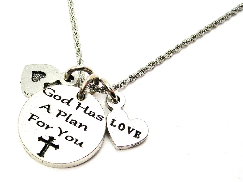 Silver Heart Pendant Necklace-God Has A Plan For You Stainless Steel Rope Chain Necklace