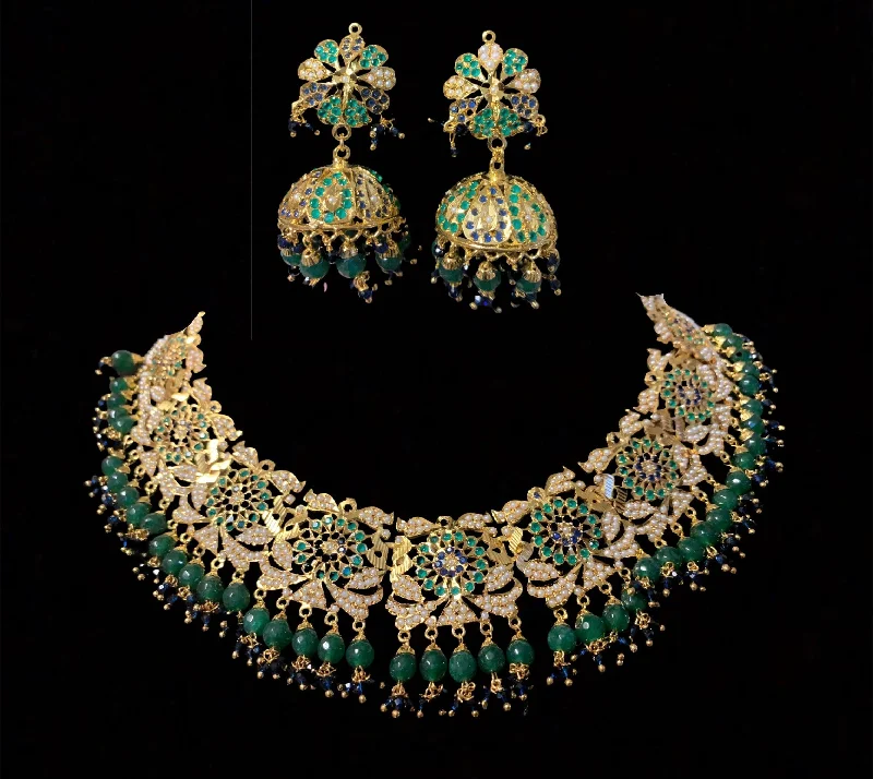 Luxury Pearl Necklace-Rashmika jadau necklace with jhumka ( green blue ) (READY TO SHIP )