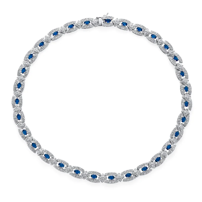 Colored Stone Necklace-Art Deco Blue CZ Simulated Sapphire Collar Necklace for Prom Silver Plated