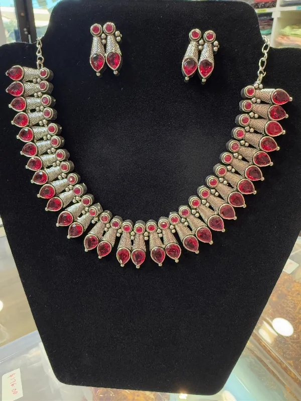 Fashionable Pendant Necklace-Alluring Red Color Designer Silver Toned Oxidized Necklace Set With Earrings