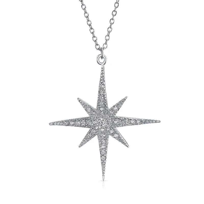 Simple Chain Necklace-Heavenly North Star Burst Pendant Necklace - Celestial CZ Jewelry in Sterling Silver