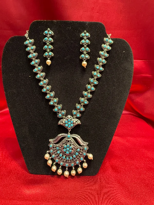 Stylish Long Necklace-Alluring Sky Blue Color Oxidized Pearl Beaded Necklace With Earrings Set