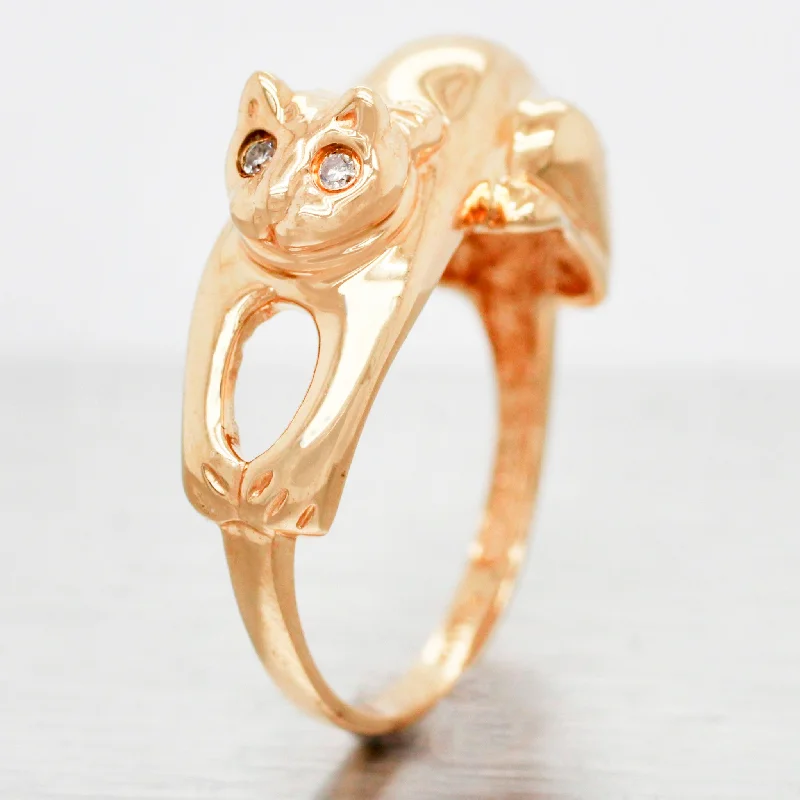 Men's Stainless Steel Ring-Designer Diamond-Eyed Cat Bowtie Ring - 14k Yellow Gold Kitten Size 5.25