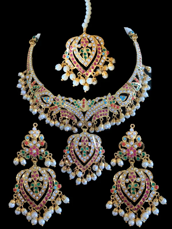 Dainty Silver Necklace-NS286  Taseen necklace set in navratan ( SHIPS IN 4 WEEKS )