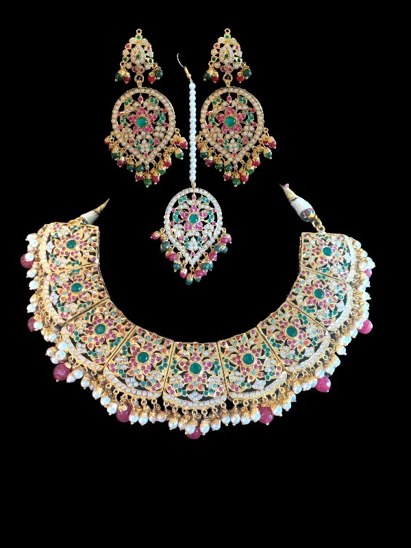 Designer Necklace for Women-NS251   Chriselle necklace set in ruby emerald   ( READY TO SHIP)