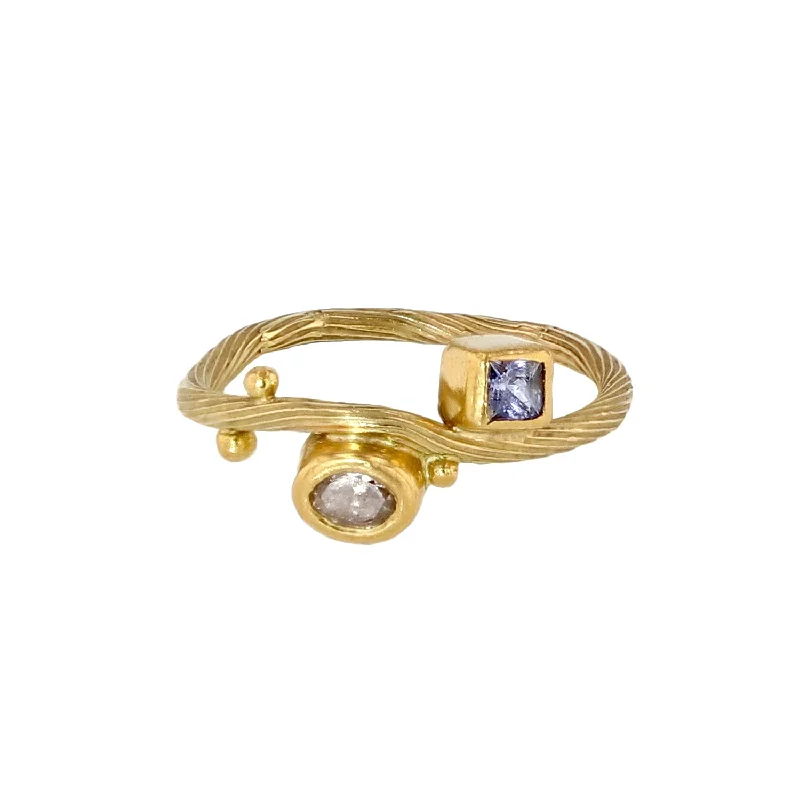 Fashion Ring for Women-Seafire Tip 18K & 22K Gold Ring w. Sapphire & Diamond