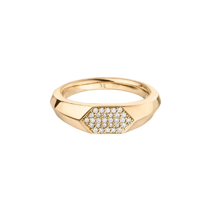 Gold Birthstone Ring-Sunray Signet 18K Gold Ring w. Lab-Grown Diamonds