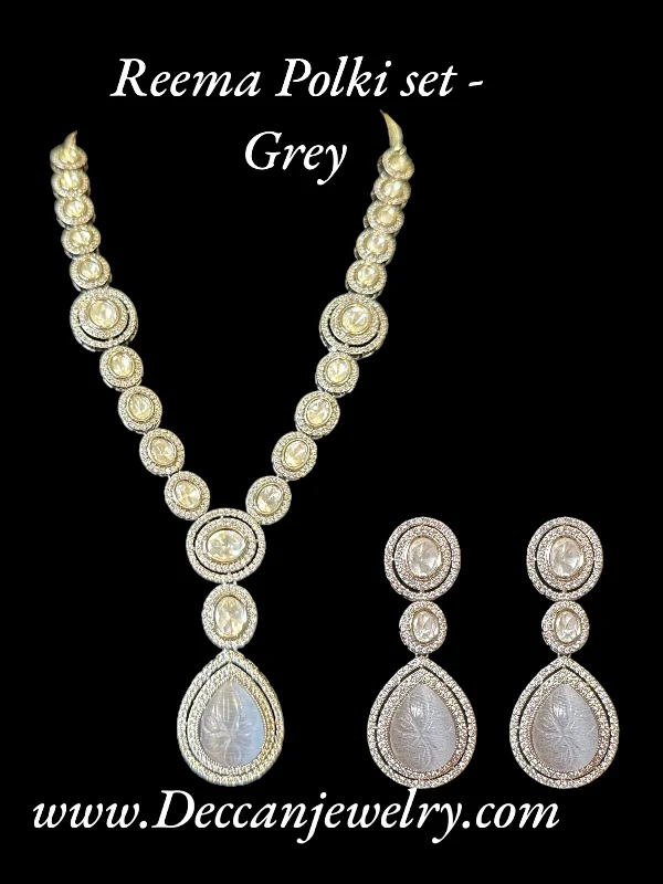 Large Crystal Necklace-DS11 Reema high quality Polki necklace set - grey ( READY TO SHIP )