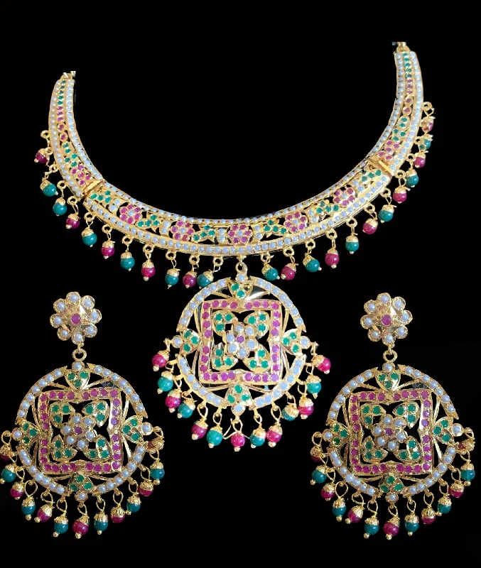 Silver Choker Necklace-NS183 Ruchika  necklace set in red green ( READY TO SHIP )