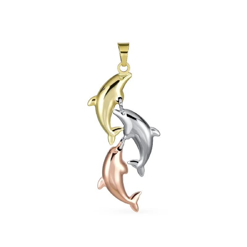 Diamond Necklace for Women-Tri-Color 14K Gold Nautical Dolphin Pendant Necklace - No Chain Included