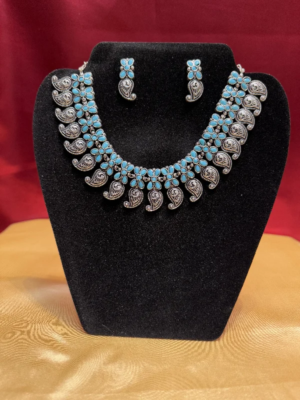 Long Beaded Necklace-Alluring Paisley Shaped Light Blue Color Oxidized Necklace With Earrings For Women