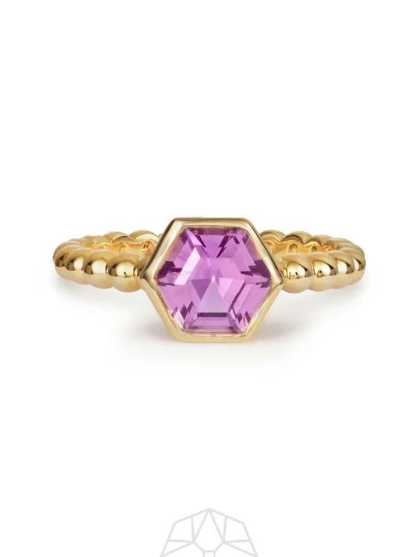 Luxury Wedding Band-Pink Sapphire Hex 14K Gold Ring