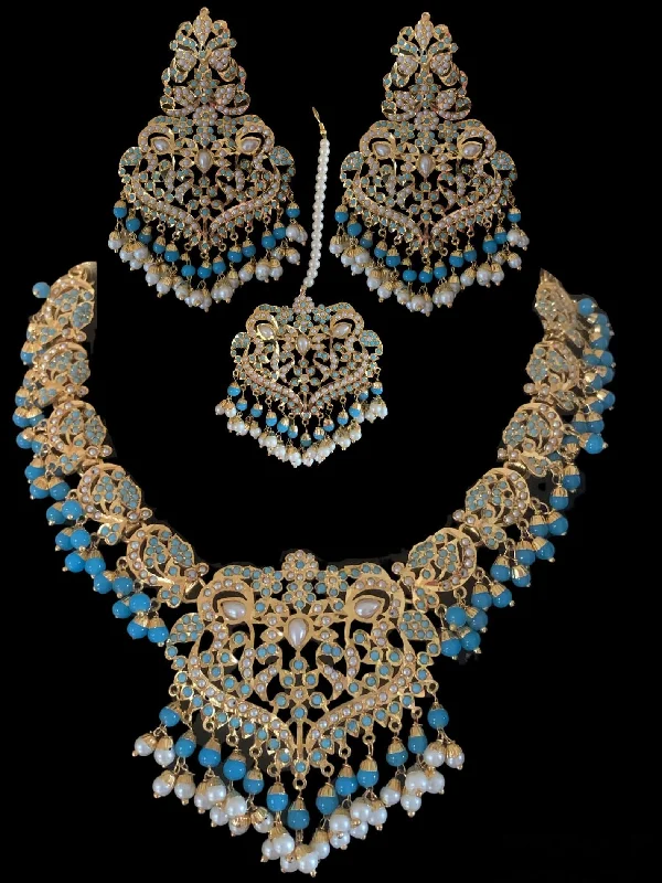 Unique Gold Necklace for Women-DNS25 Neeli jadau pearl necklace with earrings tika in turquoise (SHIPS IN 4 WEEKS  )