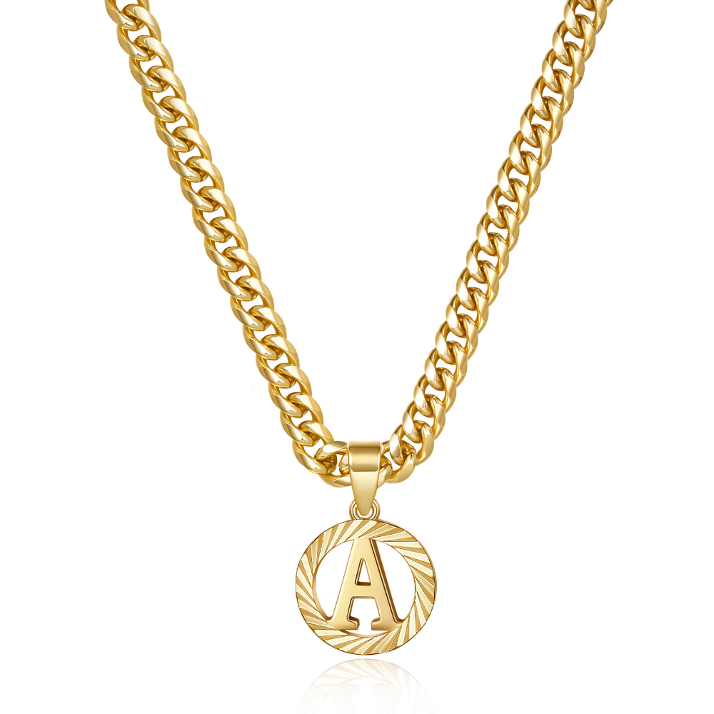 Sterling Silver Necklace-14K Gold Plated Round Letter Pendant Necklace with 5mm Cuban Chain