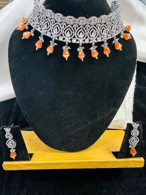 Wedding Necklace for Bride-Stunning White Stone With Orange Beads American Diamond Necklace With Earrings