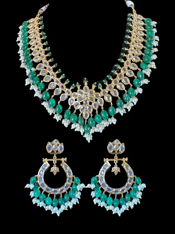 Diamond and Pearl Necklace-NS519 AMIRA hyderabadi necklace with earrings - emerald  ( READY TO SHIP)