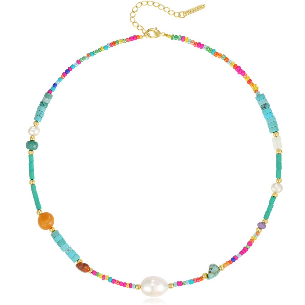 Bridal Necklace Set-Natural Beaded Gemstone Colorful & Pearl Choker Necklace