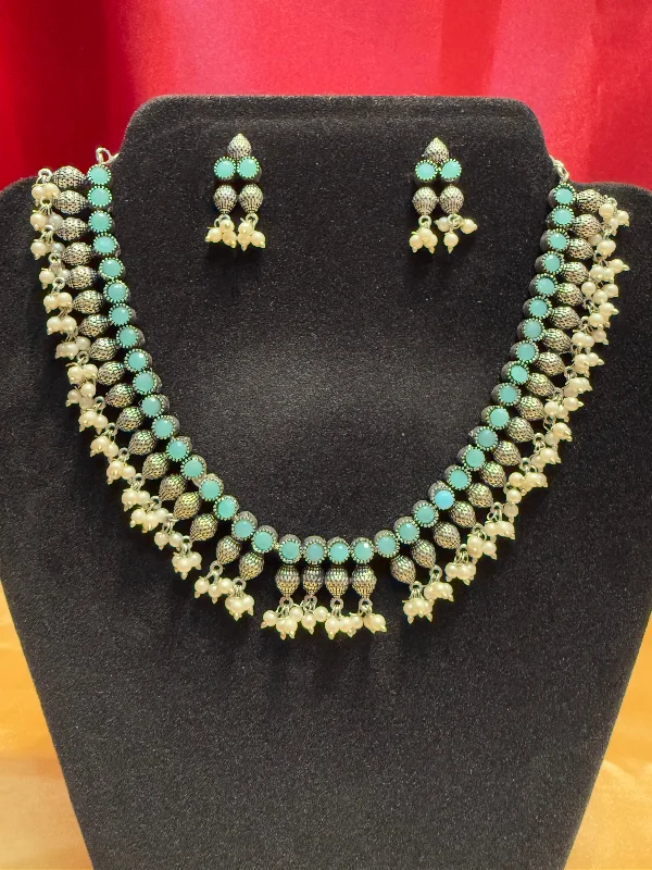 Vintage Chain Necklace-New Trendy Sky Blue Color Oxidized Pearls Beaded Necklace With Earrings